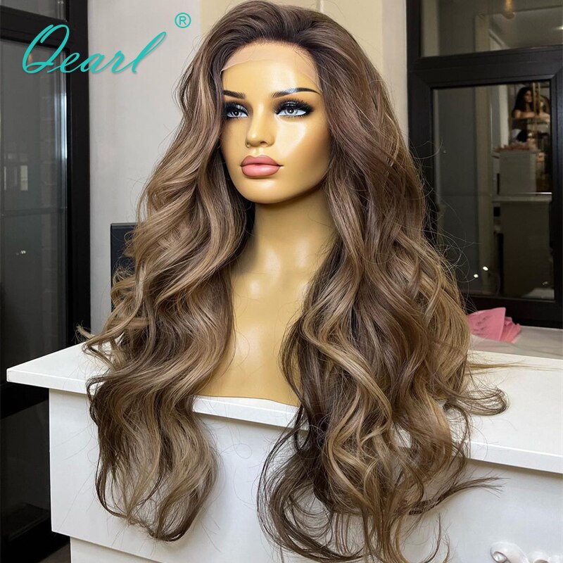 Light Ash Brown Blonde Highlights Full Lace Human Hair Wigs 34inchs Long  Lace Frontal Wig for Women 180% Thick HD Glueless Qearl - Shopizia