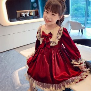 Girls Long sleeved Wine Red Lolita Princess Dress Toddler Girl Fall Clothes 2022 Flower Girl Dresses Girls Christmas Dress